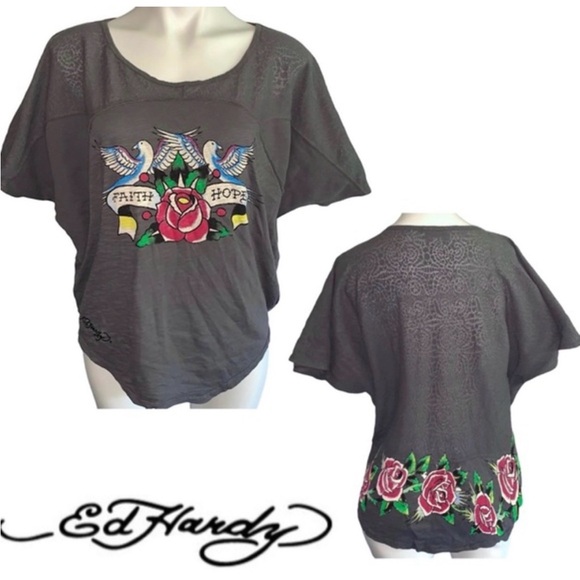 NWOT RARE Ed Hardy Grey Batwing Dove Hope/Faith Oversized Tee Cement Grey Med🕊️🌹 - Picture 10 of 13